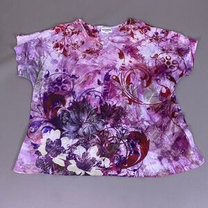 Breckenridge T-Shirt Women's Plus 2X Purple Floral Abstract Rhinestone V-Neck